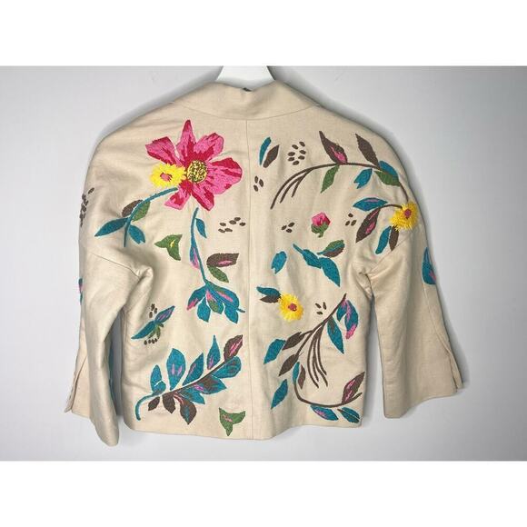 BCBGMaxAzria Embroidered Floral 3/4 Sleeve Cropped Blazer Beige Multi Women's S - Picture 6 of 10